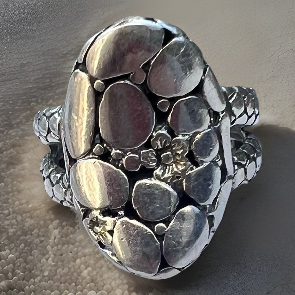 925 Sterling Silver Vintage Pebble Texture Floral Statement Boho Ring Sz 7.5